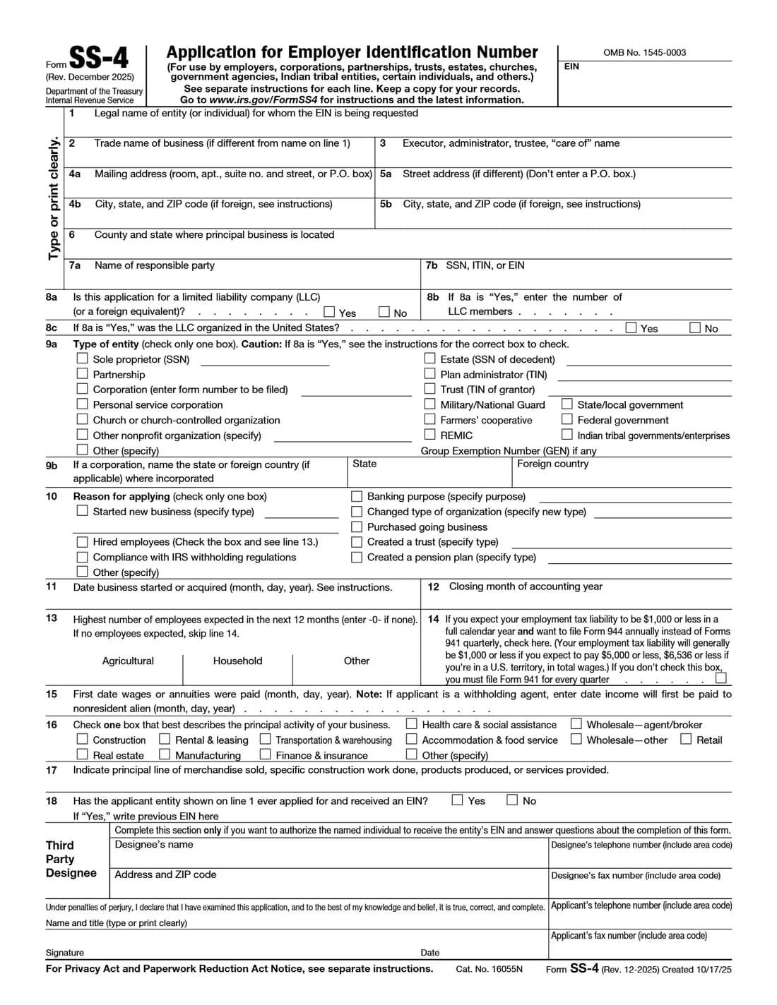 The official IRS Form SS-4, Application for Employer Identification Number (Rev. December 2025), page 1
